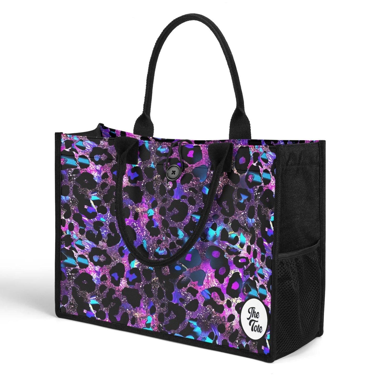 "Futuristic neon blue and purple leopard print tote bag by ShitHot, ideal for modern fashion enthusiasts and trendsetters."