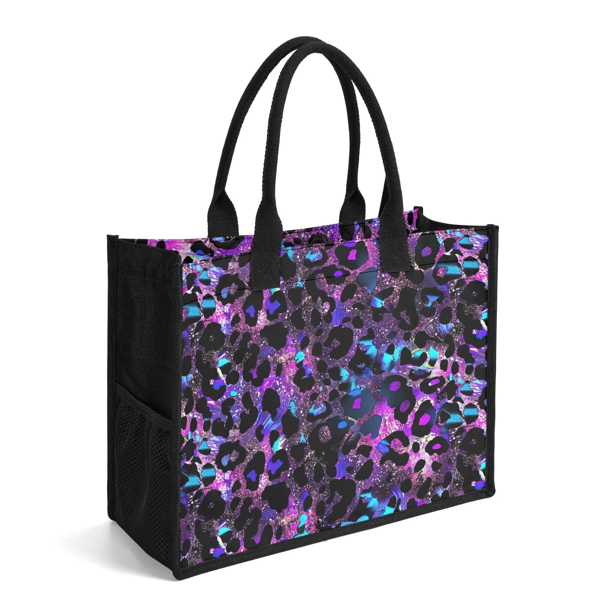 "Futuristic neon blue and purple leopard print tote bag by ShitHot, ideal for modern fashion enthusiasts and trendsetters."