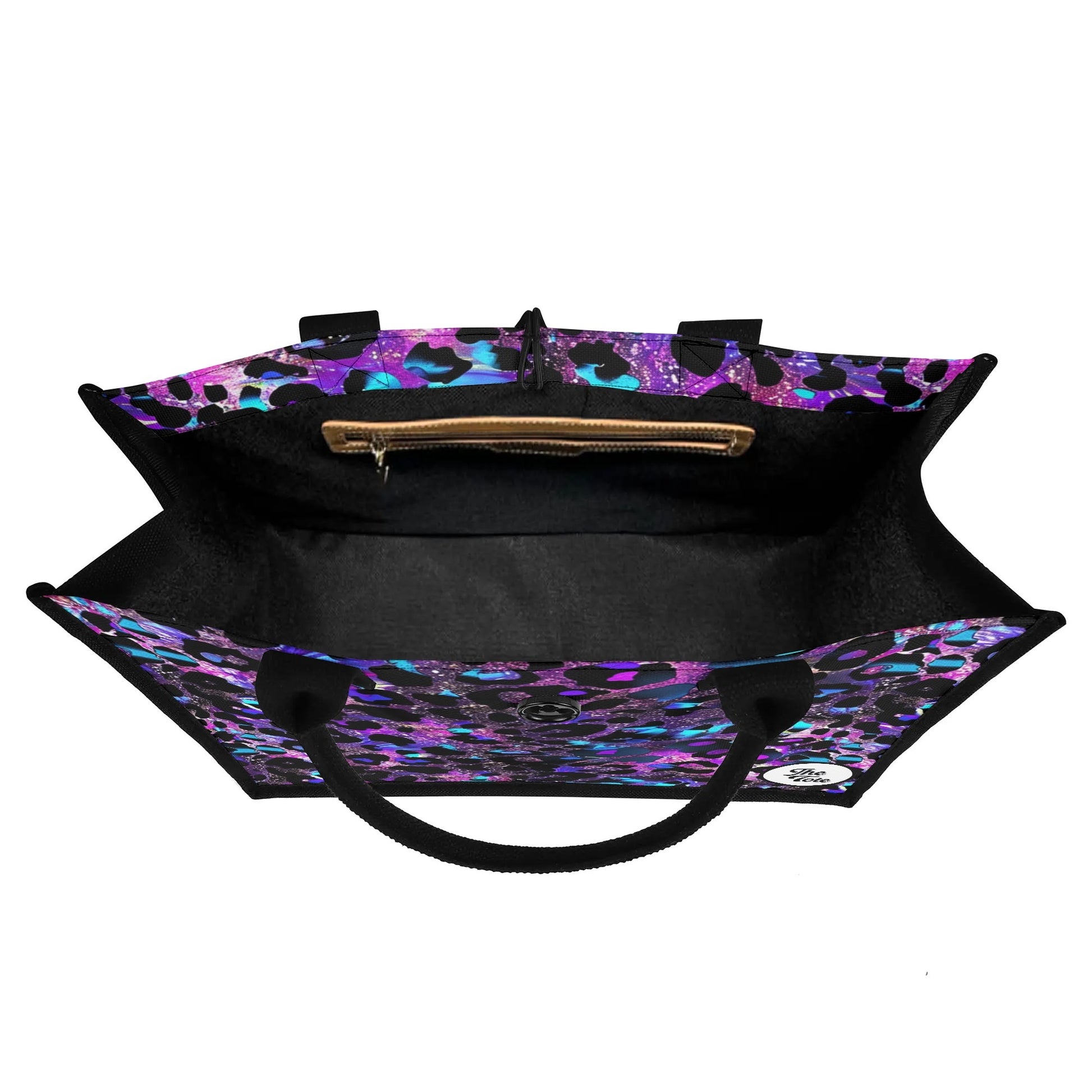 "Futuristic neon blue and purple leopard print tote bag by ShitHot, ideal for modern fashion enthusiasts and trendsetters."