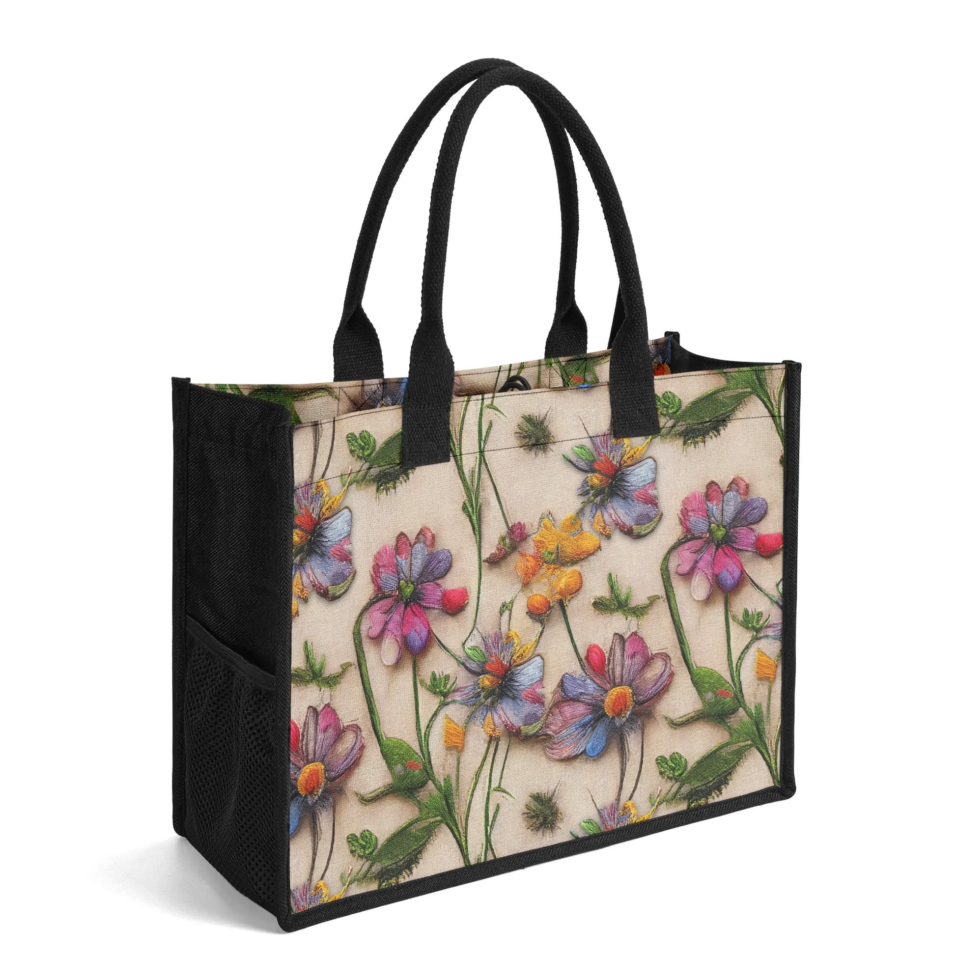 "Stunning 3D illusion of wildflowers on a tote bag by ShitHot, perfect for nature lovers seeking unique style and flair."