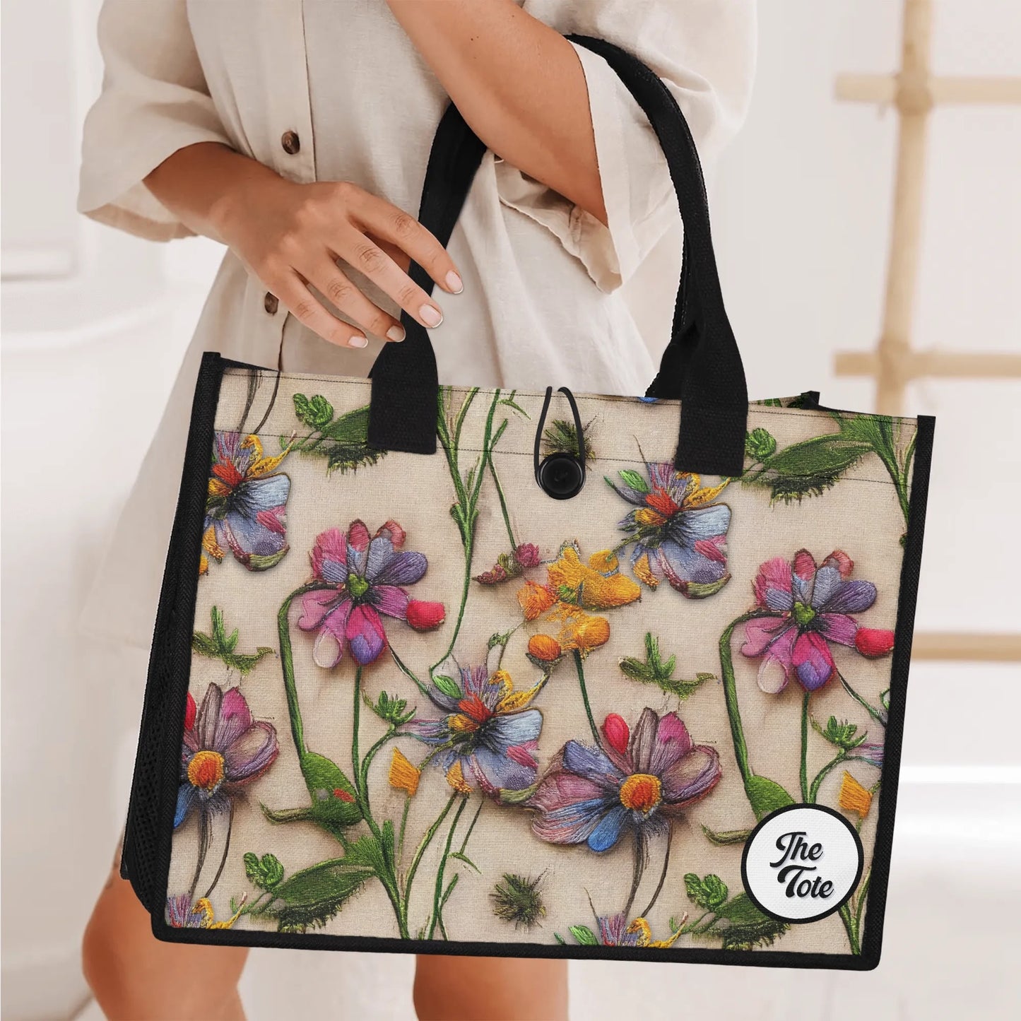 "Stunning 3D illusion of wildflowers on a tote bag by ShitHot, perfect for nature lovers seeking unique style and flair."