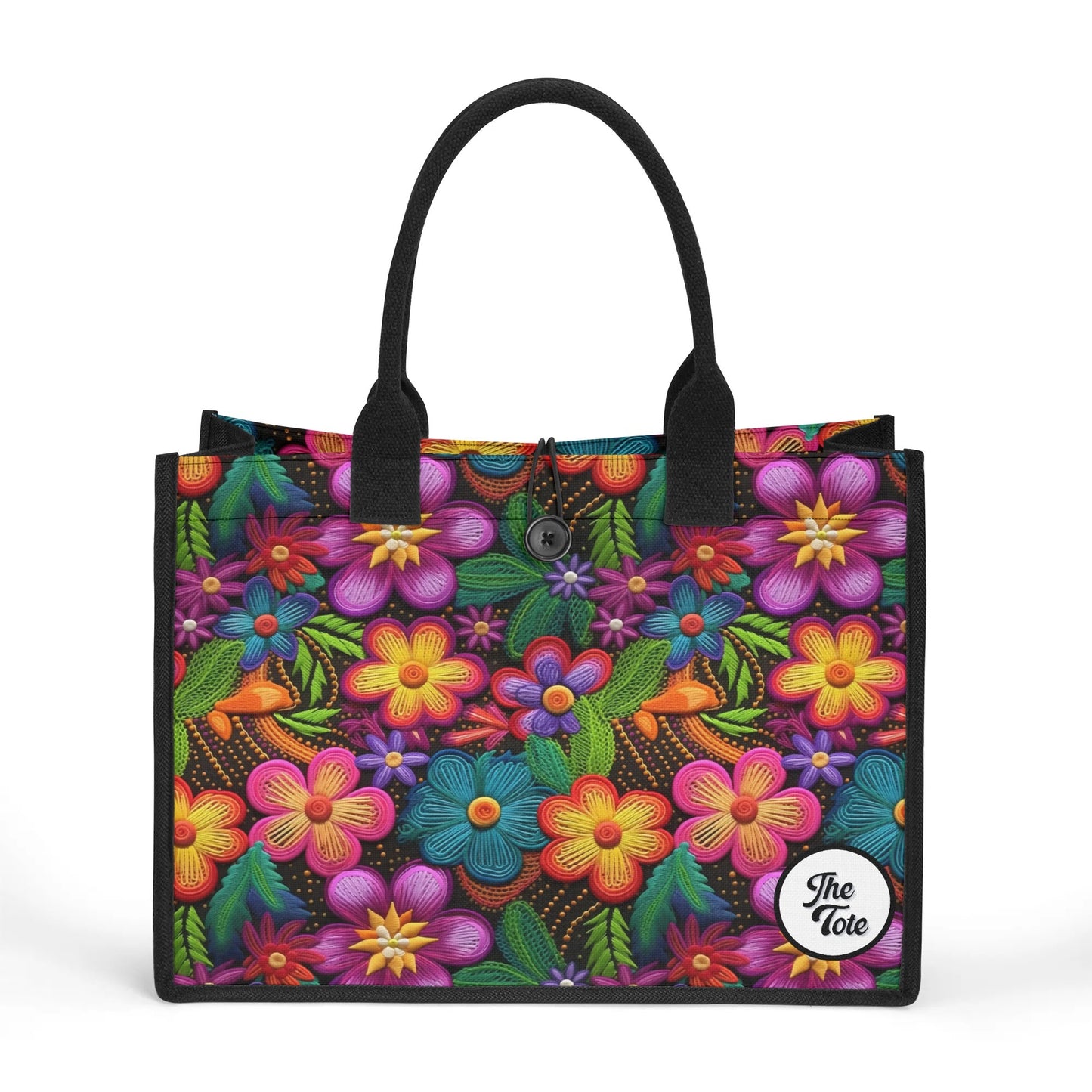 Vibrant tote bag showcasing a 3D array of colorful flower petals in a knitted look, ideal for floral enthusiasts."