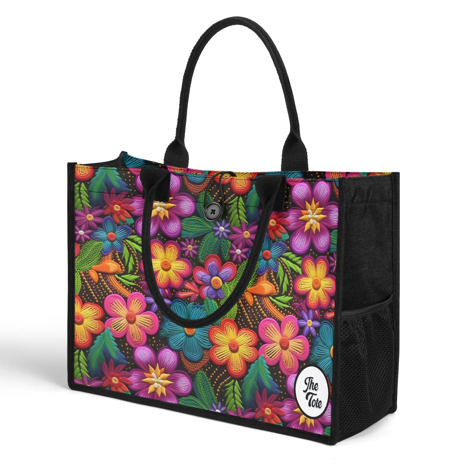 Vibrant tote bag showcasing a 3D array of colorful flower petals in a knitted look, ideal for floral enthusiasts."