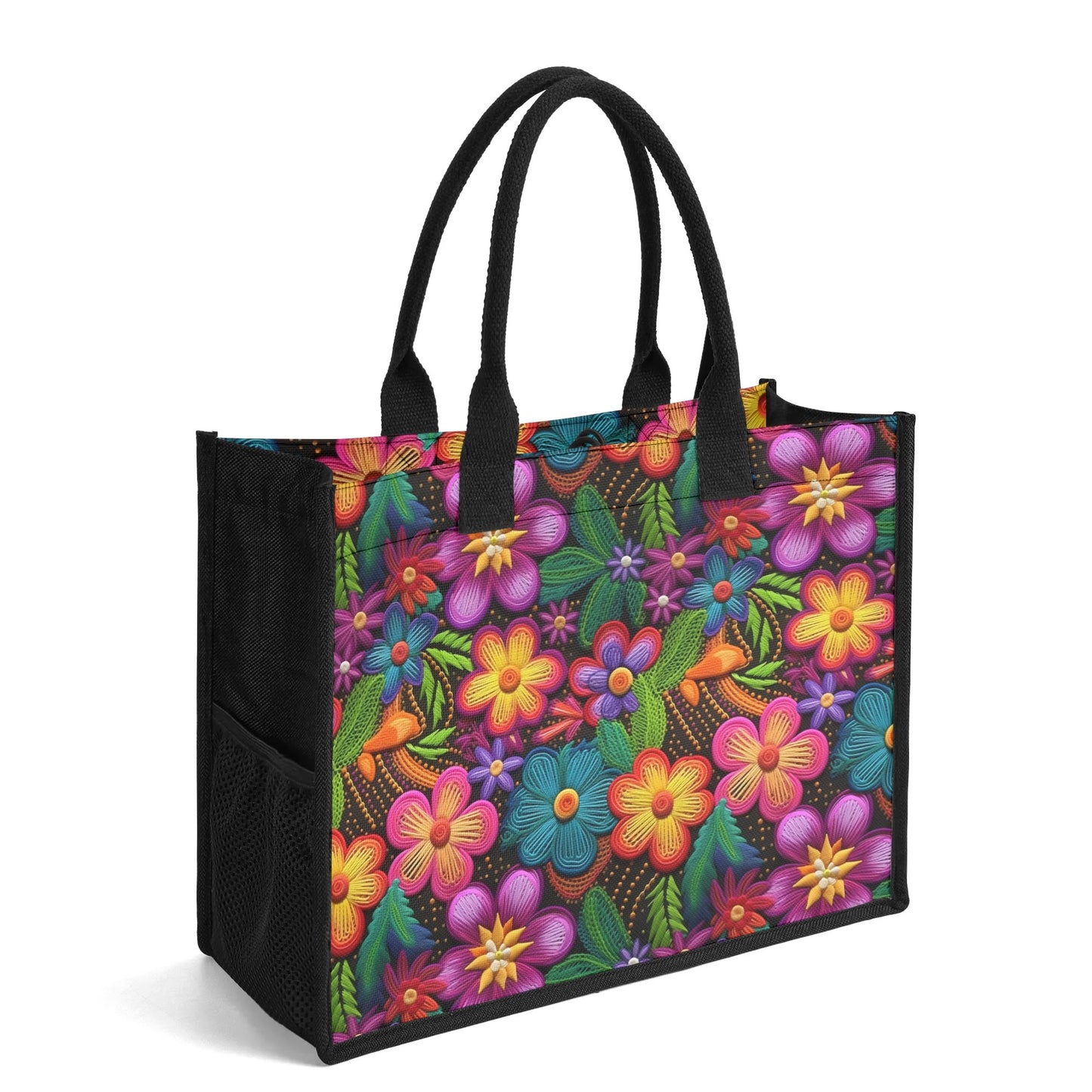 Vibrant tote bag showcasing a 3D array of colorful flower petals in a knitted look, ideal for floral enthusiasts."