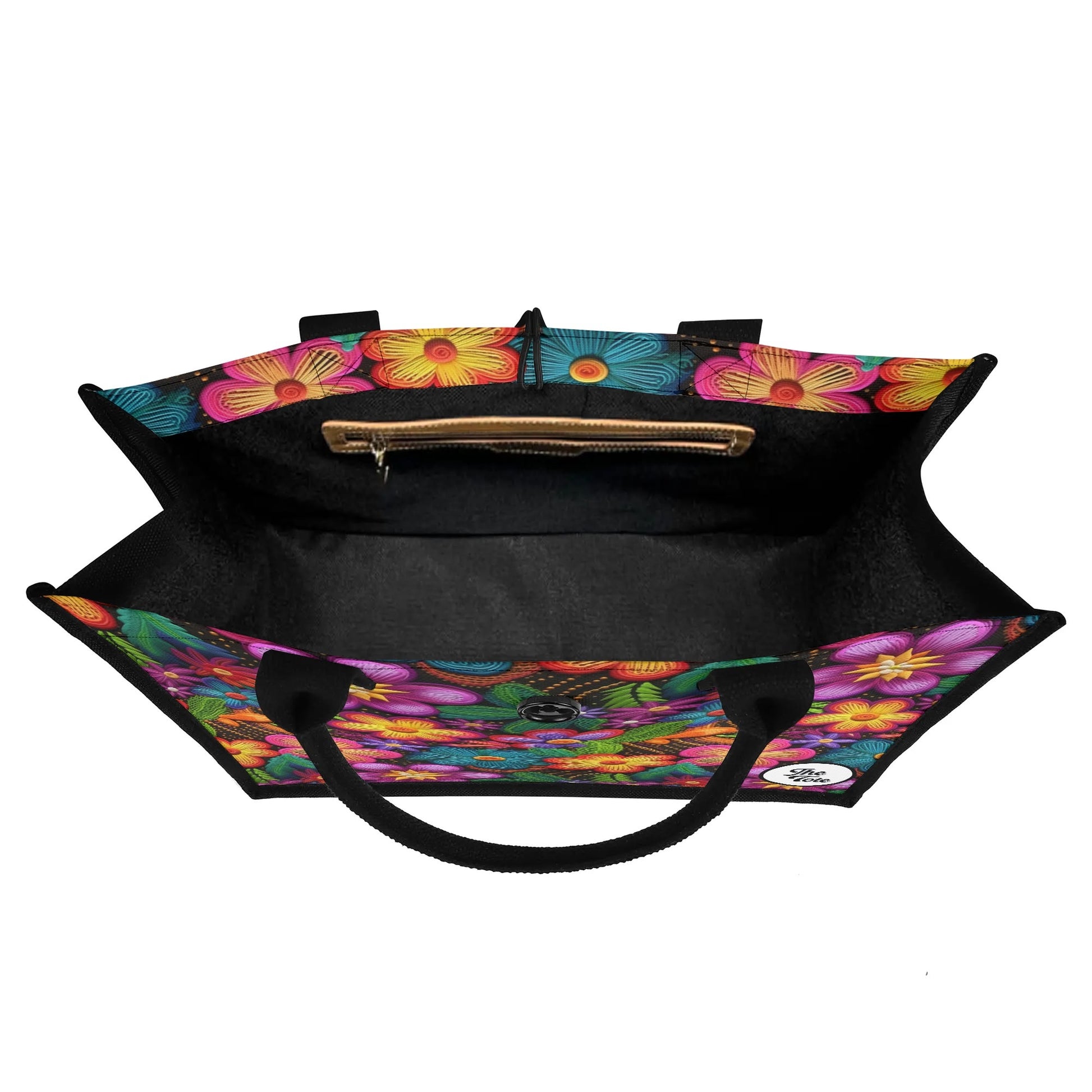 Vibrant tote bag showcasing a 3D array of colorful flower petals in a knitted look, ideal for floral enthusiasts."