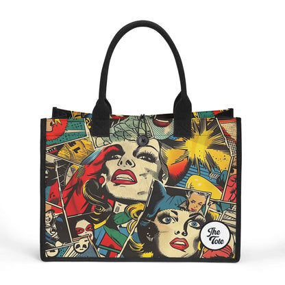 "Pop art comic image panels adorn this fun tote bag by ShitHot, perfect for art lovers and comic enthusiasts alike."