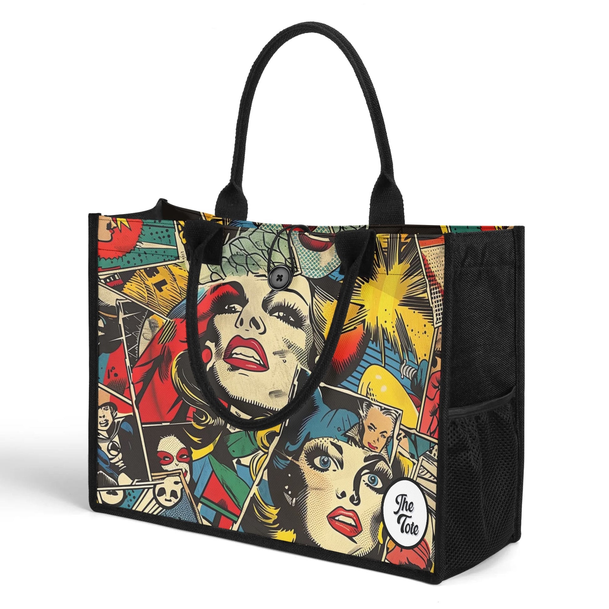 "Pop art comic image panels adorn this fun tote bag by ShitHot, perfect for art lovers and comic enthusiasts alike."