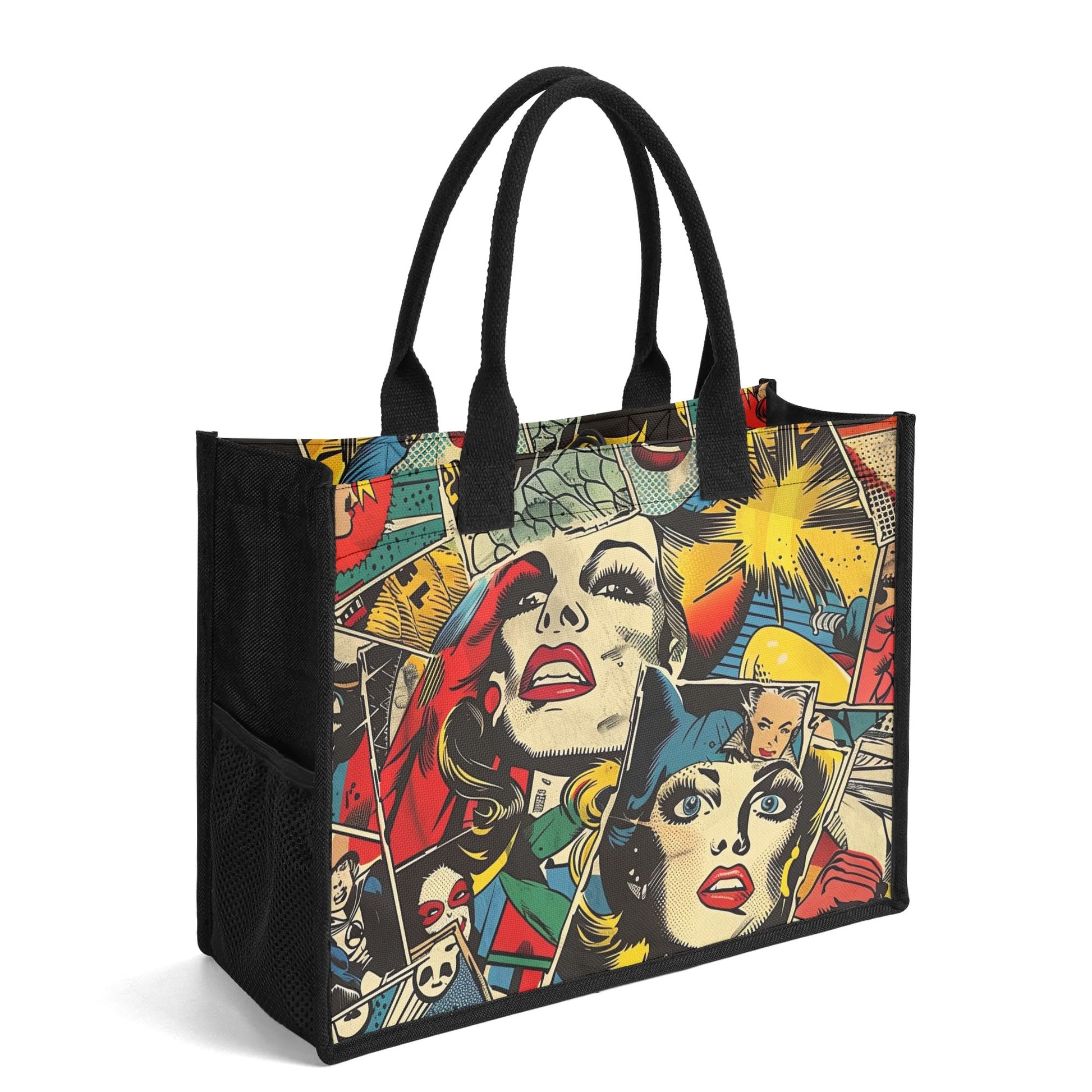 "Pop art comic image panels adorn this fun tote bag by ShitHot, perfect for art lovers and comic enthusiasts alike."