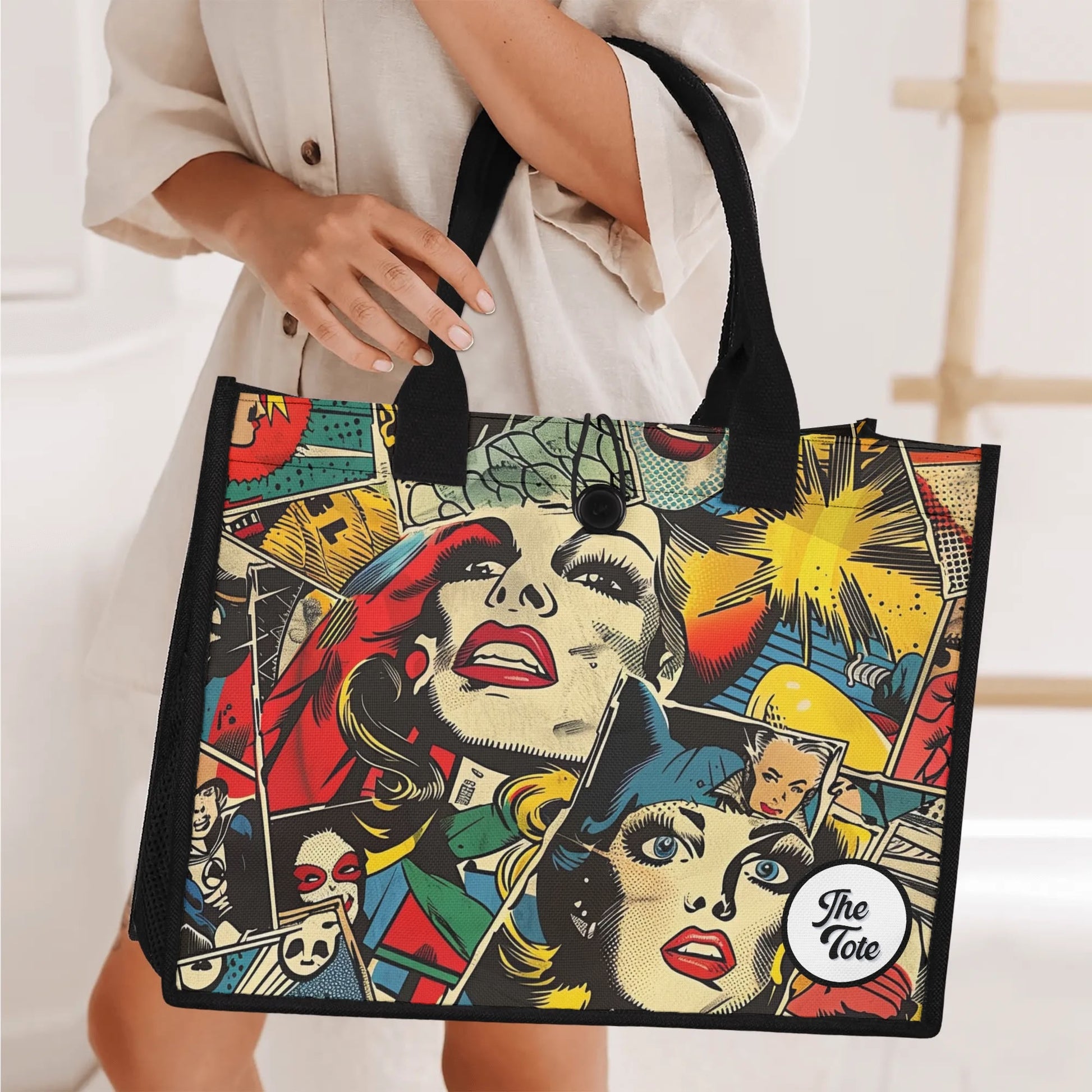 "Pop art comic image panels adorn this fun tote bag by ShitHot, perfect for art lovers and comic enthusiasts alike."