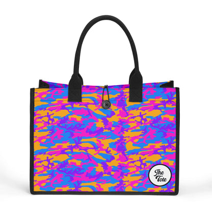 "Dynamic storm camo design tote bag in deep purples and electric blues, ideal for those with adventurous styles."