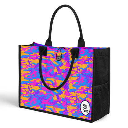 "Dynamic storm camo design tote bag in deep purples and electric blues, ideal for those with adventurous styles."