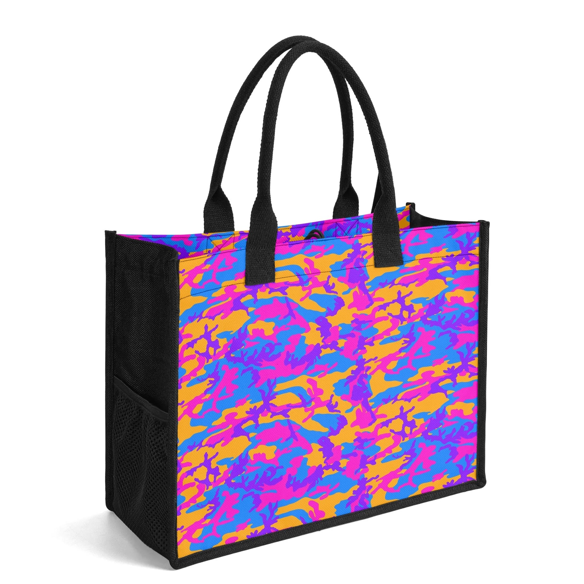 "Dynamic storm camo design tote bag in deep purples and electric blues, ideal for those with adventurous styles."