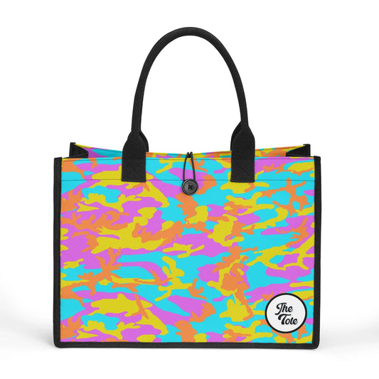 "Bright thunder camo tote bag with light blue, electric yellow, and fiery orange swirls, perfect for bold fashion lovers."