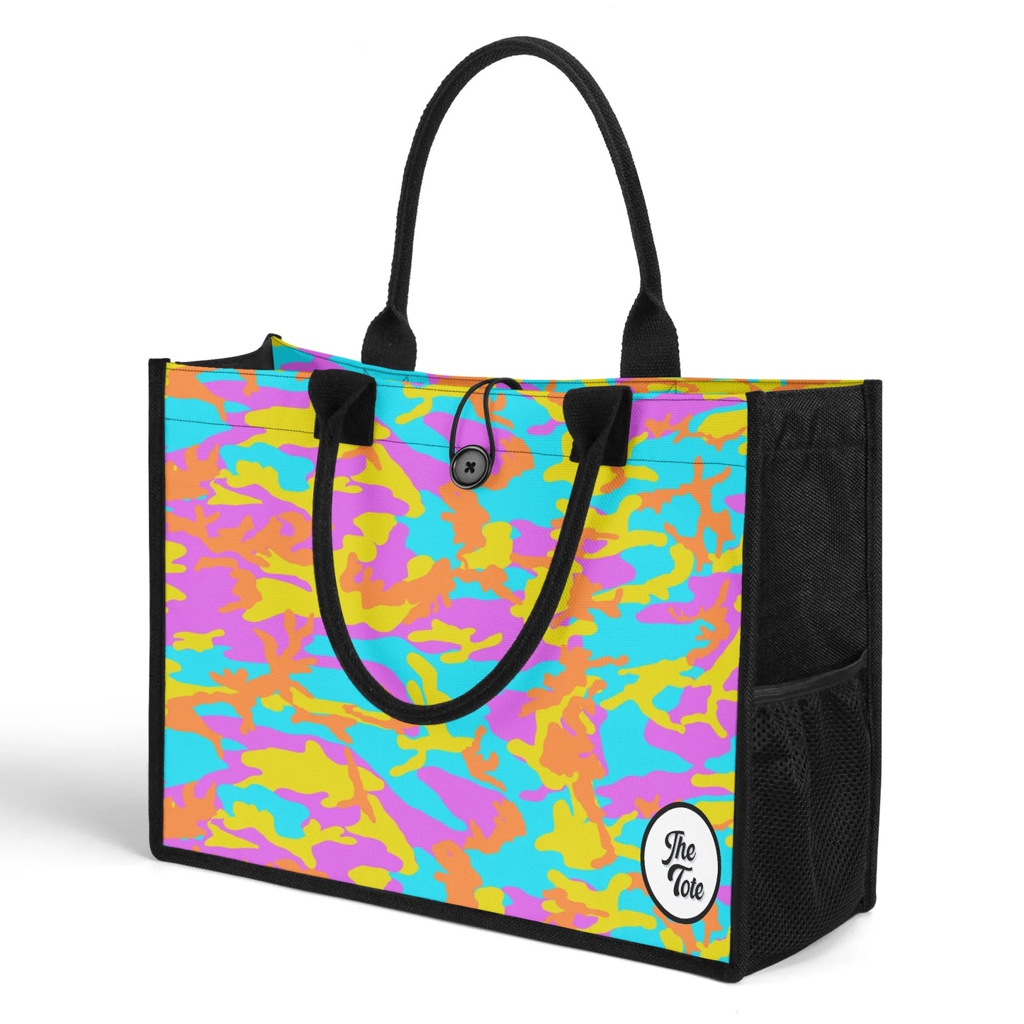 "Bright thunder camo tote bag with light blue, electric yellow, and fiery orange swirls, perfect for bold fashion lovers."