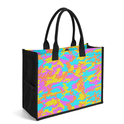 "Bright thunder camo tote bag with light blue, electric yellow, and fiery orange swirls, perfect for bold fashion lovers."