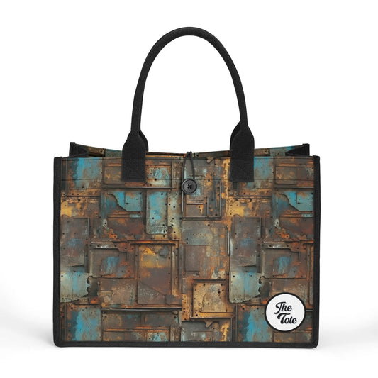 "Industrial oxidized metal pattern tote bag by ShitHot, featuring striking textures and bold colors for unique style."