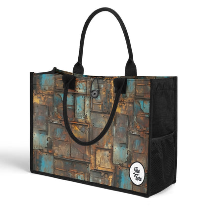 "Industrial oxidized metal pattern tote bag by ShitHot, featuring striking textures and bold colors for unique style."