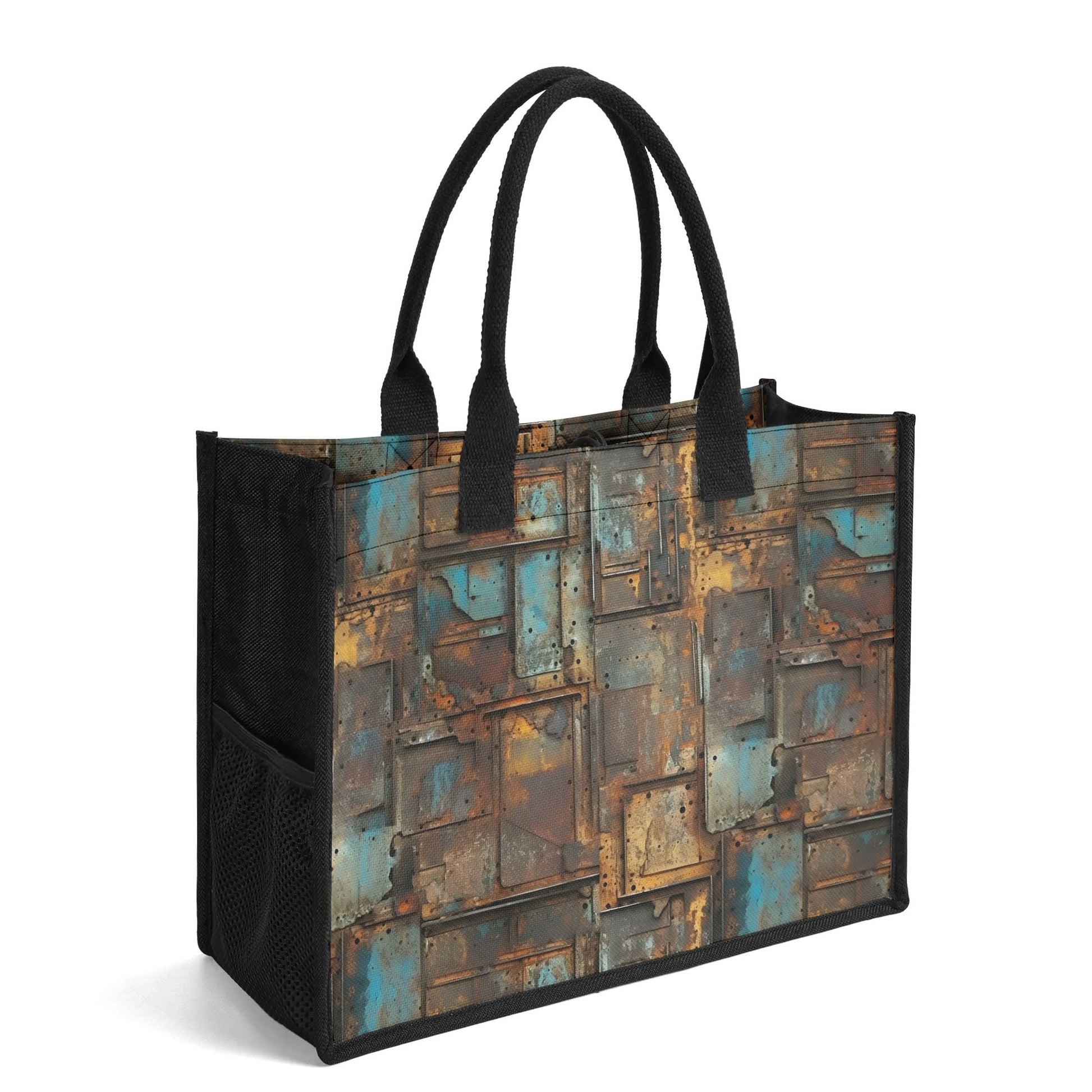 "Industrial oxidized metal pattern tote bag by ShitHot, featuring striking textures and bold colors for unique style."