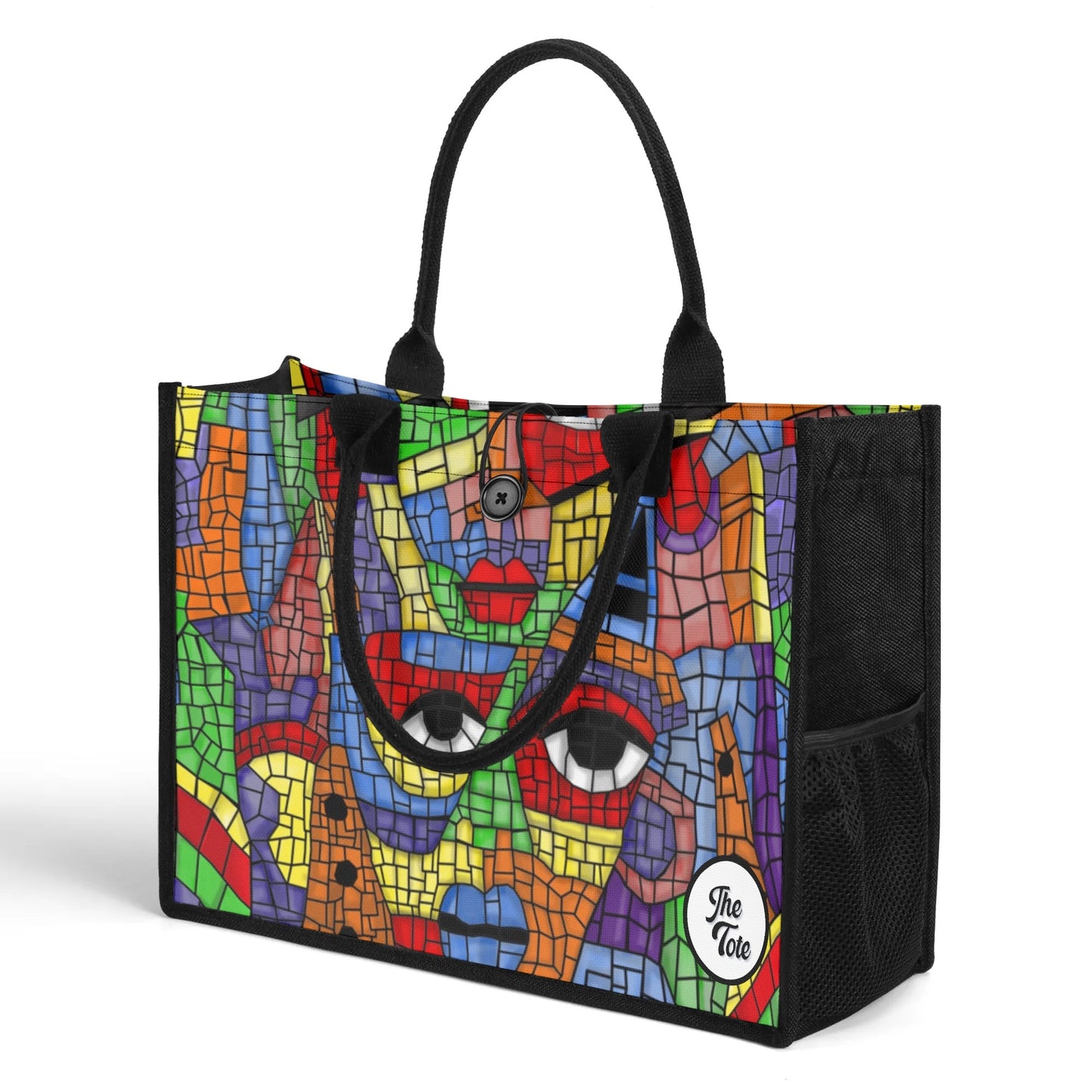 "Artistic mosaic tile pattern tote bag showcasing an abstract face design, ideal for art lovers and creative spirits."