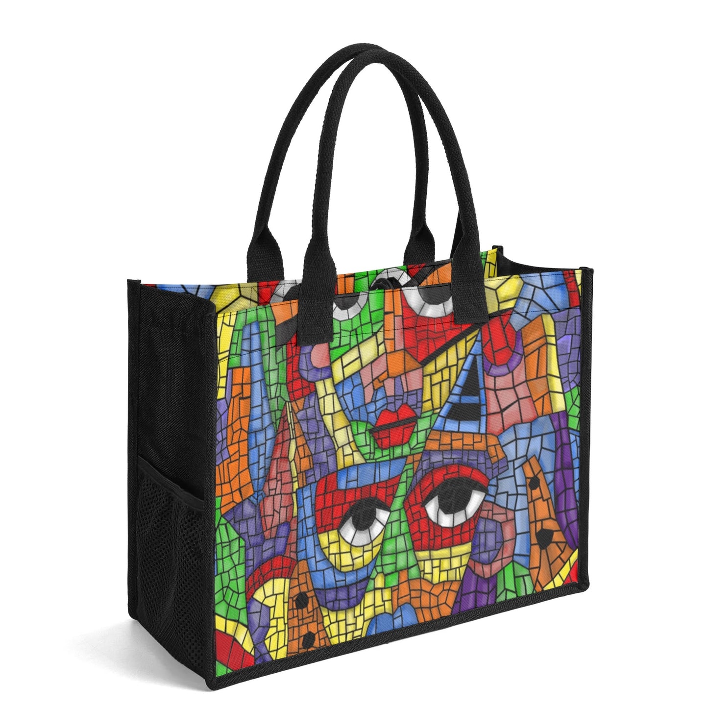 "Artistic mosaic tile pattern tote bag showcasing an abstract face design, ideal for art lovers and creative spirits."