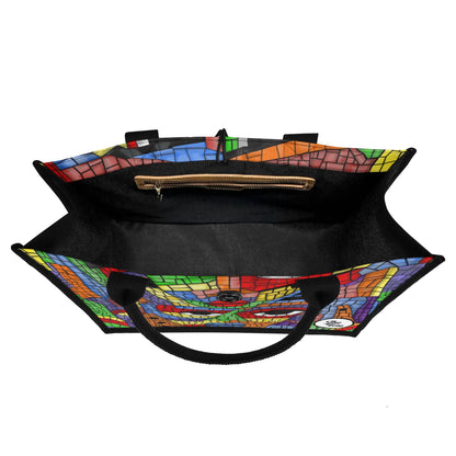 "Artistic mosaic tile pattern tote bag showcasing an abstract face design, ideal for art lovers and creative spirits."