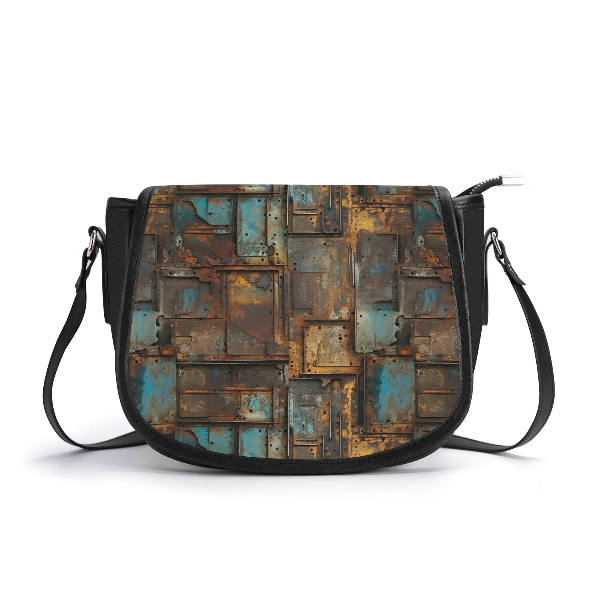 "Full Metal handbag featuring oxidized metal-inspired patterns, sleek design, and ample storage space."