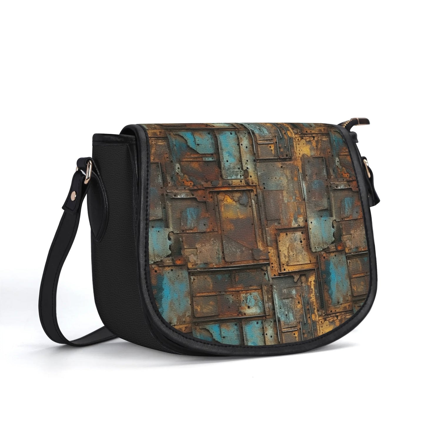 "Full Metal handbag featuring oxidized metal-inspired patterns, sleek design, and ample storage space."