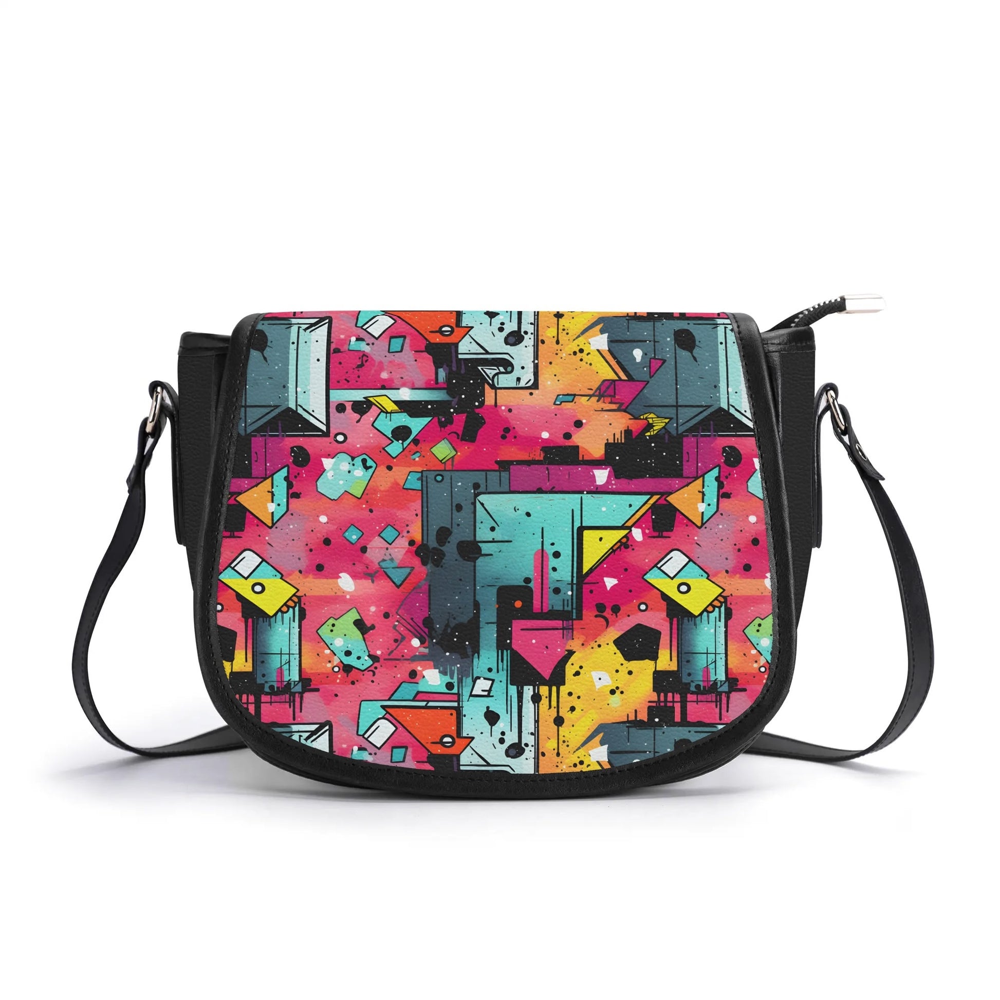 "Mystic Prism handbag with swirling vibrant colors, secure zipper closure, and spacious black interior."