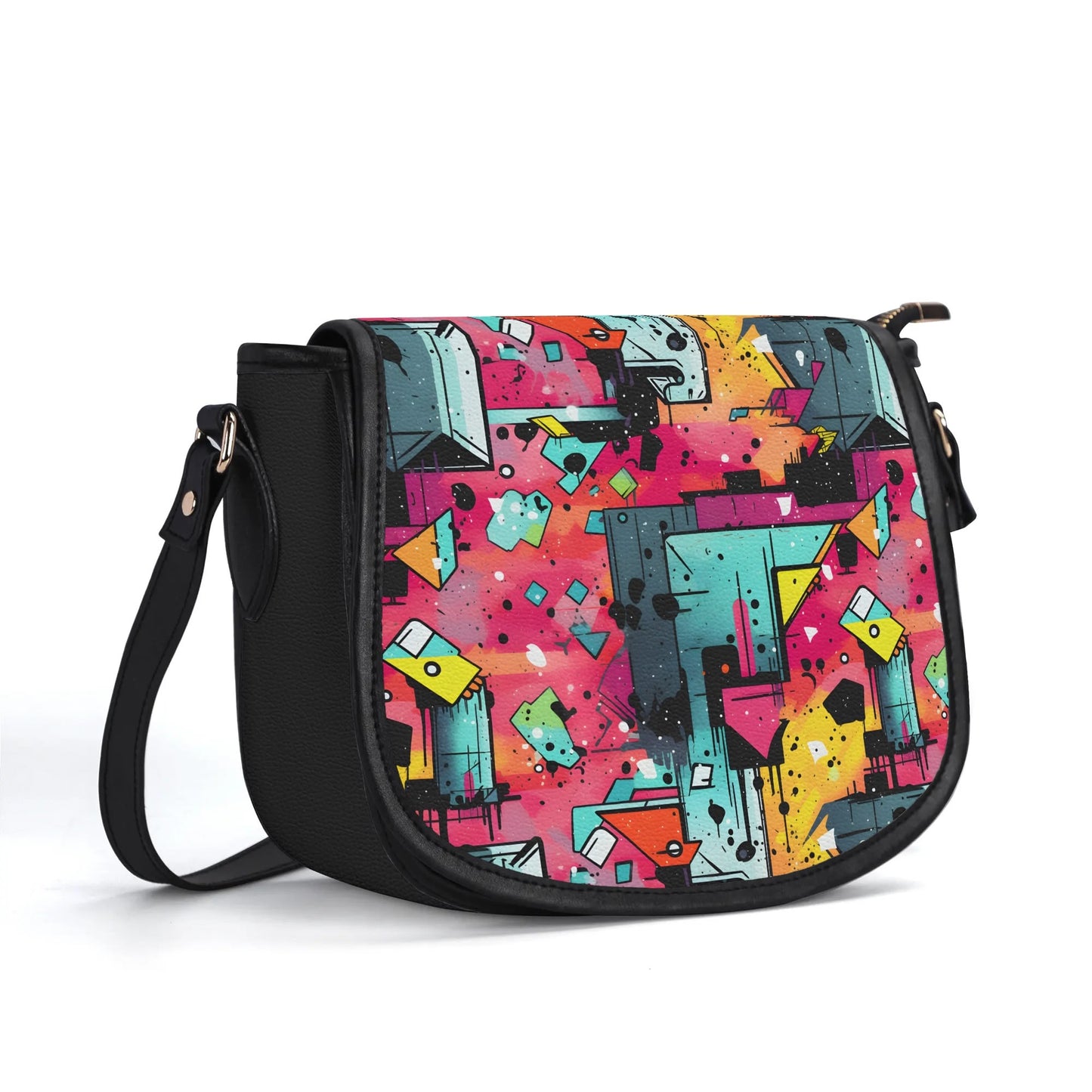 "Mystic Prism handbag with swirling vibrant colors, secure zipper closure, and spacious black interior."