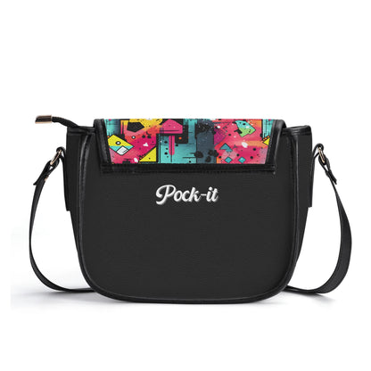 "Mystic Prism handbag with swirling vibrant colors, secure zipper closure, and spacious black interior."