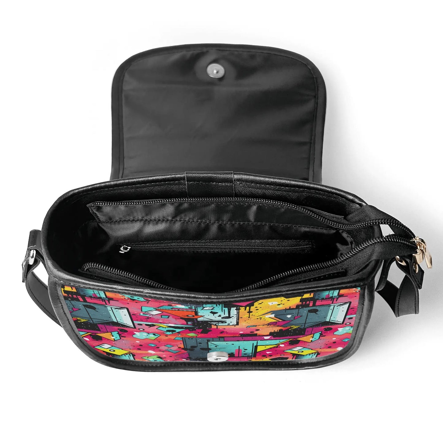 "Mystic Prism handbag with swirling vibrant colors, secure zipper closure, and spacious black interior."