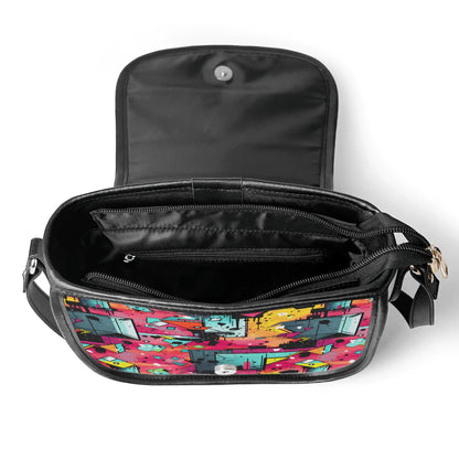 "Mystic Prism handbag with swirling vibrant colors, secure zipper closure, and spacious black interior."