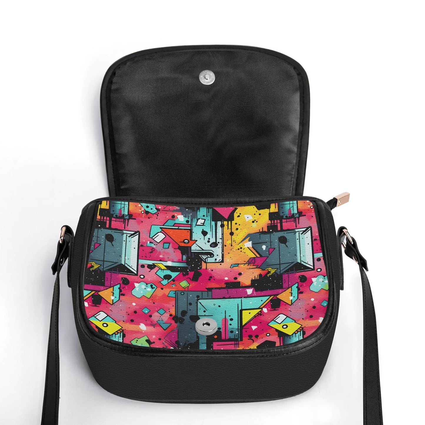 "Mystic Prism handbag with swirling vibrant colors, secure zipper closure, and spacious black interior."