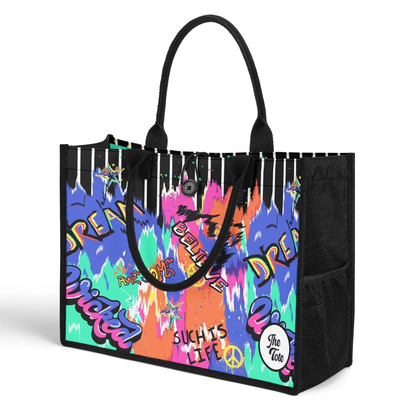 "Urban graffiti-inspired tote bag by ShitHot, blending black and white stripes with vibrant street art for bold style."