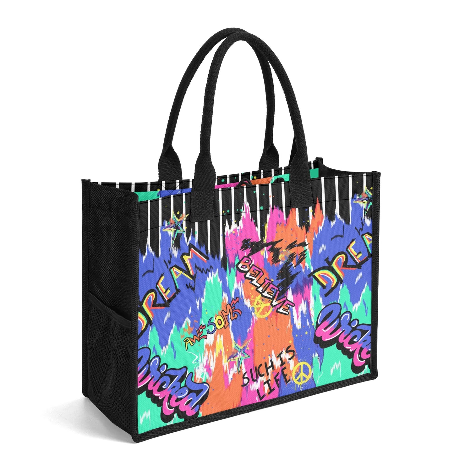 "Urban graffiti-inspired tote bag by ShitHot, blending black and white stripes with vibrant street art for bold style."