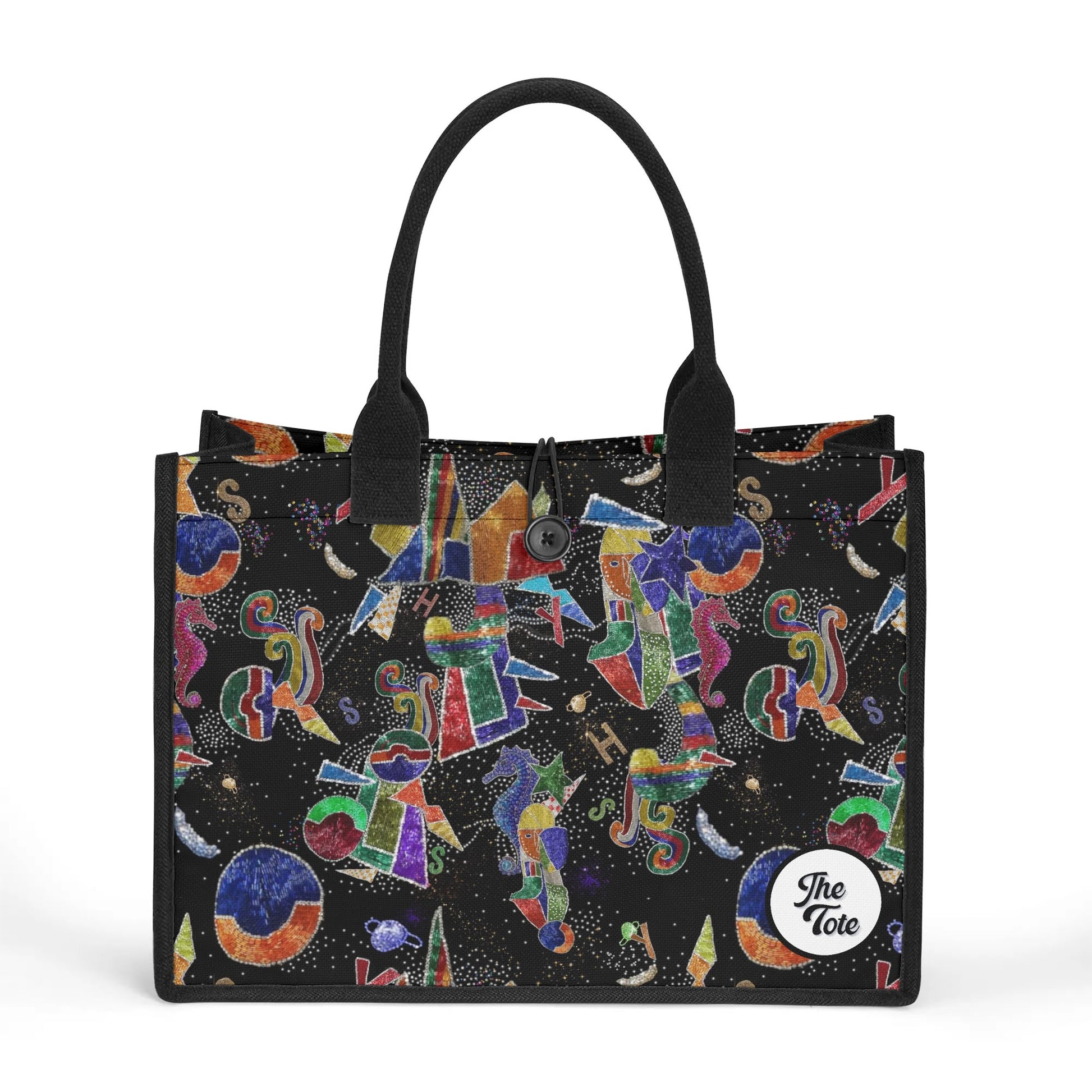 "Daring tote bag by ShitHot showcasing vibrant colors and whimsical shapes, perfect for making a bold fashion statement."