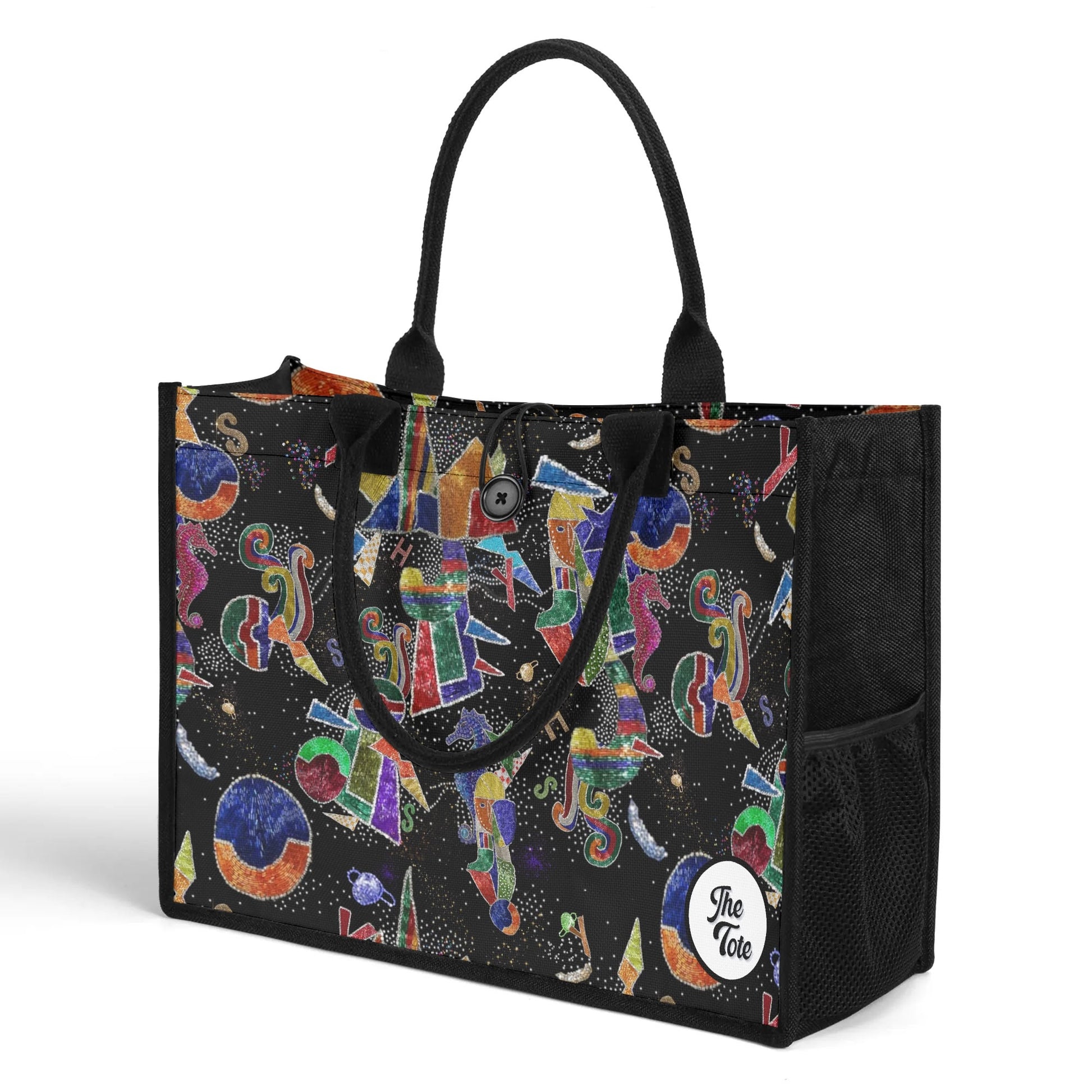 "Daring tote bag by ShitHot showcasing vibrant colors and whimsical shapes, perfect for making a bold fashion statement."