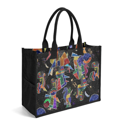 "Daring tote bag by ShitHot showcasing vibrant colors and whimsical shapes, perfect for making a bold fashion statement."