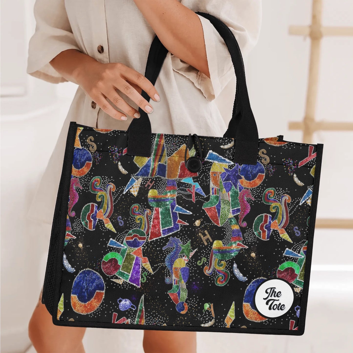 "Daring tote bag by ShitHot showcasing vibrant colors and whimsical shapes, perfect for making a bold fashion statement."