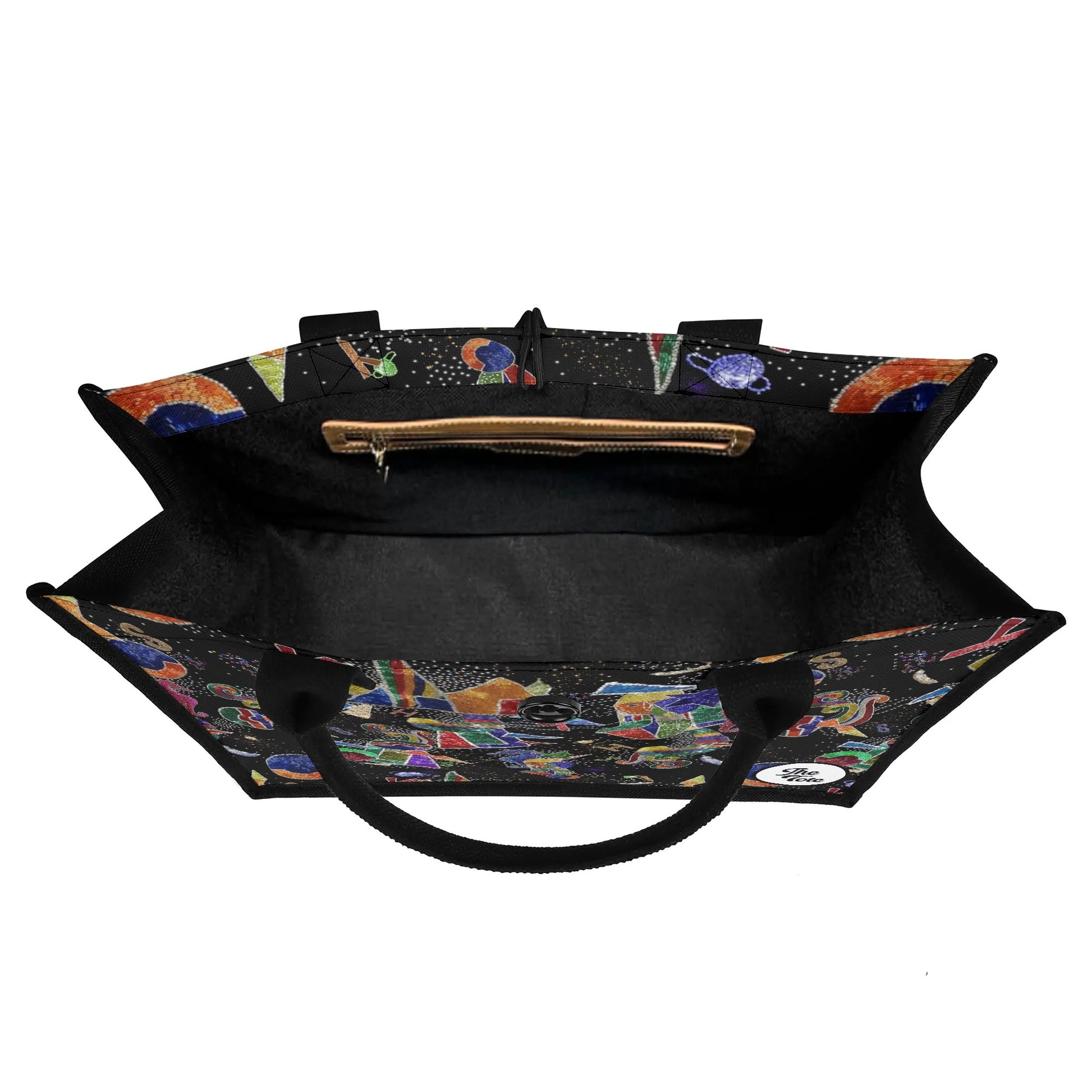 "Daring tote bag by ShitHot showcasing vibrant colors and whimsical shapes, perfect for making a bold fashion statement."