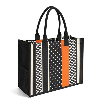 "Colorful Polkadot Sunset tote bag by ShitHot features a comic-style print, ideal for adding a playful touch to outfits."