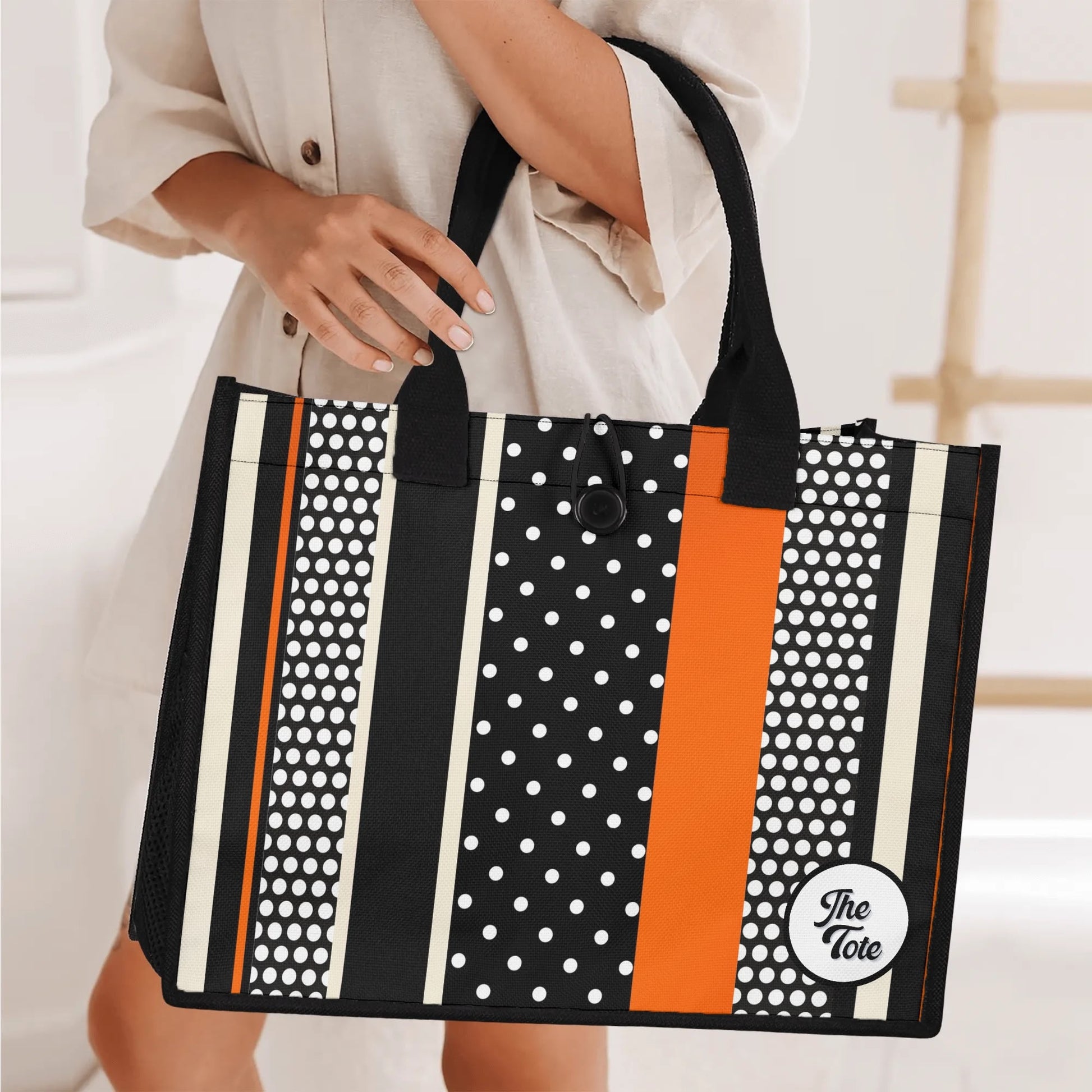 "Colorful Polkadot Sunset tote bag by ShitHot features a comic-style print, ideal for adding a playful touch to outfits."