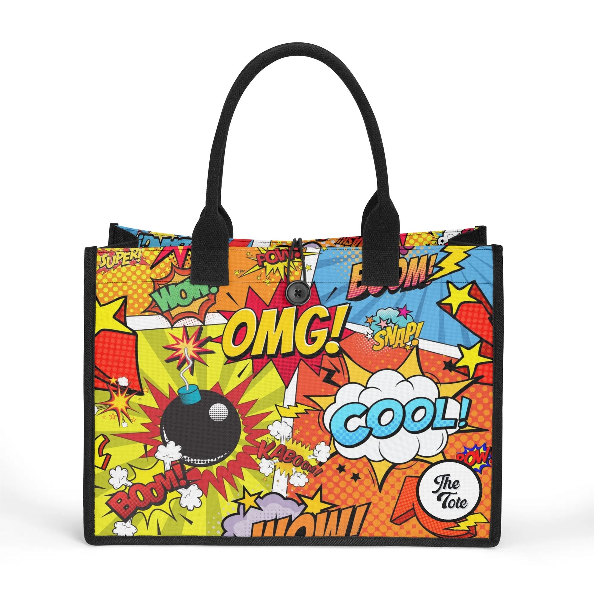 "Vibrant comic-inspired tote bag by ShitHot, featuring bold colors and dynamic illustrations for a playful pop-art vibe."