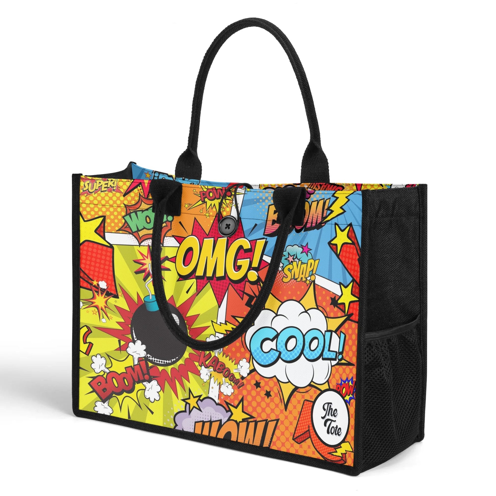 "Vibrant comic-inspired tote bag by ShitHot, featuring bold colors and dynamic illustrations for a playful pop-art vibe."