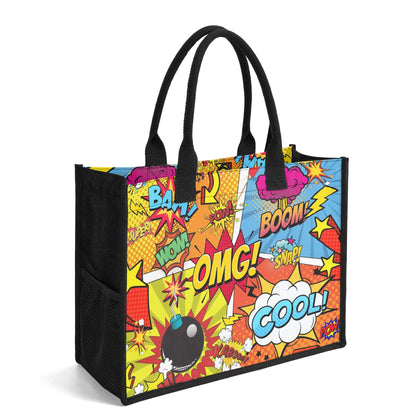 "Vibrant comic-inspired tote bag by ShitHot, featuring bold colors and dynamic illustrations for a playful pop-art vibe."