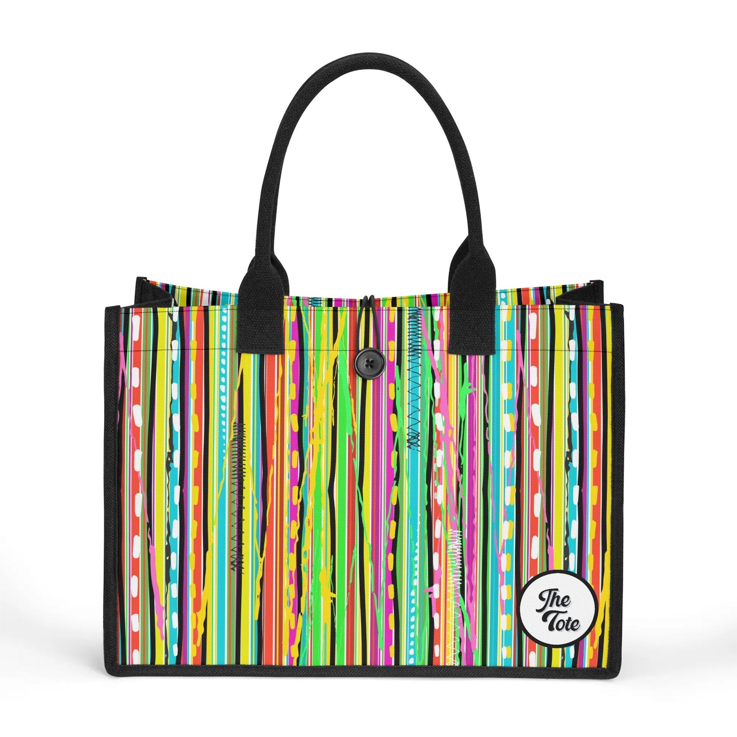 "Bold rock candy-style print tote bag by ShitHot, bursting with vibrant colors and edgy patterns for a striking look."