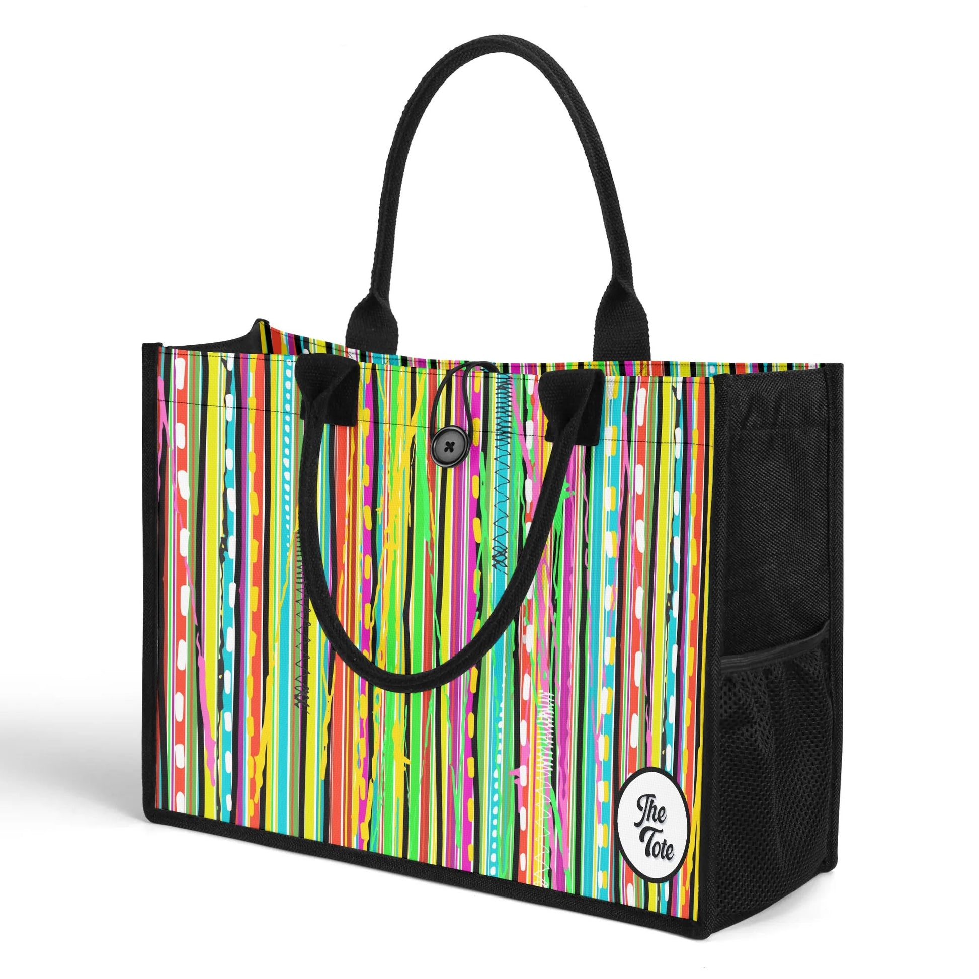 "Bold rock candy-style print tote bag by ShitHot, bursting with vibrant colors and edgy patterns for a striking look."