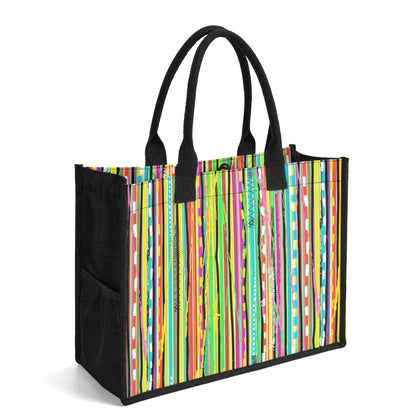 "Bold rock candy-style print tote bag by ShitHot, bursting with vibrant colors and edgy patterns for a striking look."