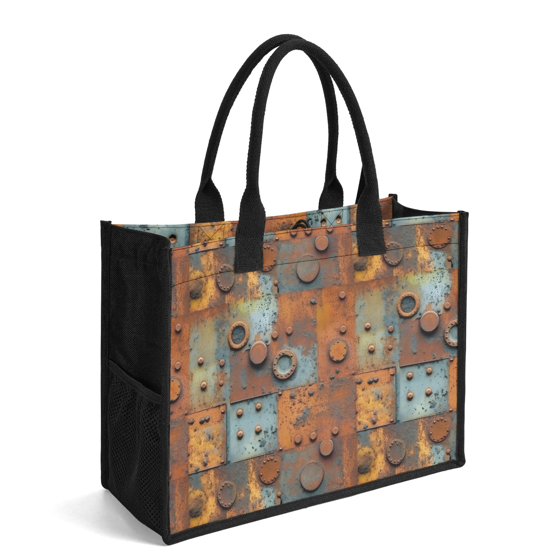 "The Tote Bag - Metal Head features oxidized panels and metal accents, available in two sizes for stylish functionality."