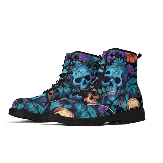 "Treadz Skull Rebel ankle boots showcasing black and white skulls with roses, waterproof and supportive by ShitHot."